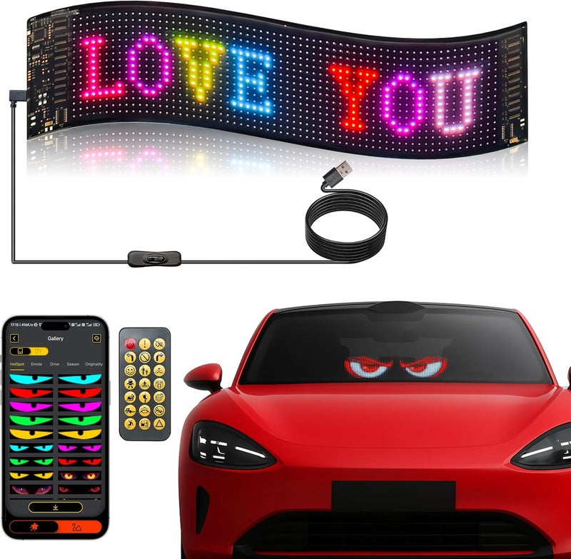 UPONELED 1pcs 14.72 * 3.62in Devil Eyes Light for Windshield,Programmable LED Sign for Car,Flex LED Display Devils Eye Soft Screen for Cars,Pickups - Image 1